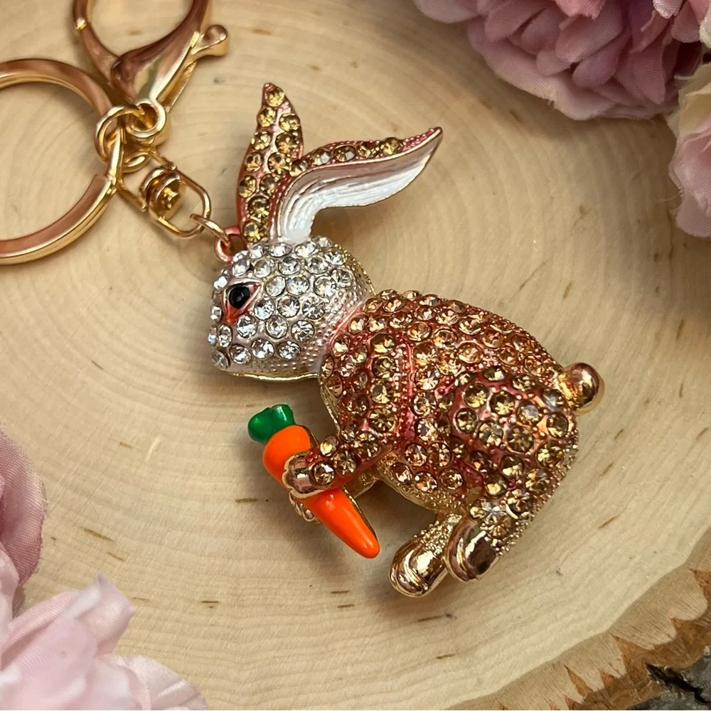 Champagne and Silver Crystal Bunny Rabbit with Carrot Keychain Charm - Picture 7 of 16